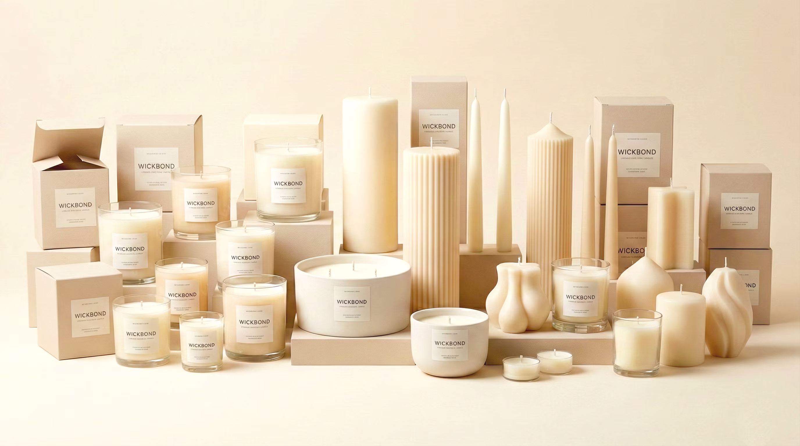 Industrial candle pouring line with workers in Wickbond's temperature-controlled manufacturing facility